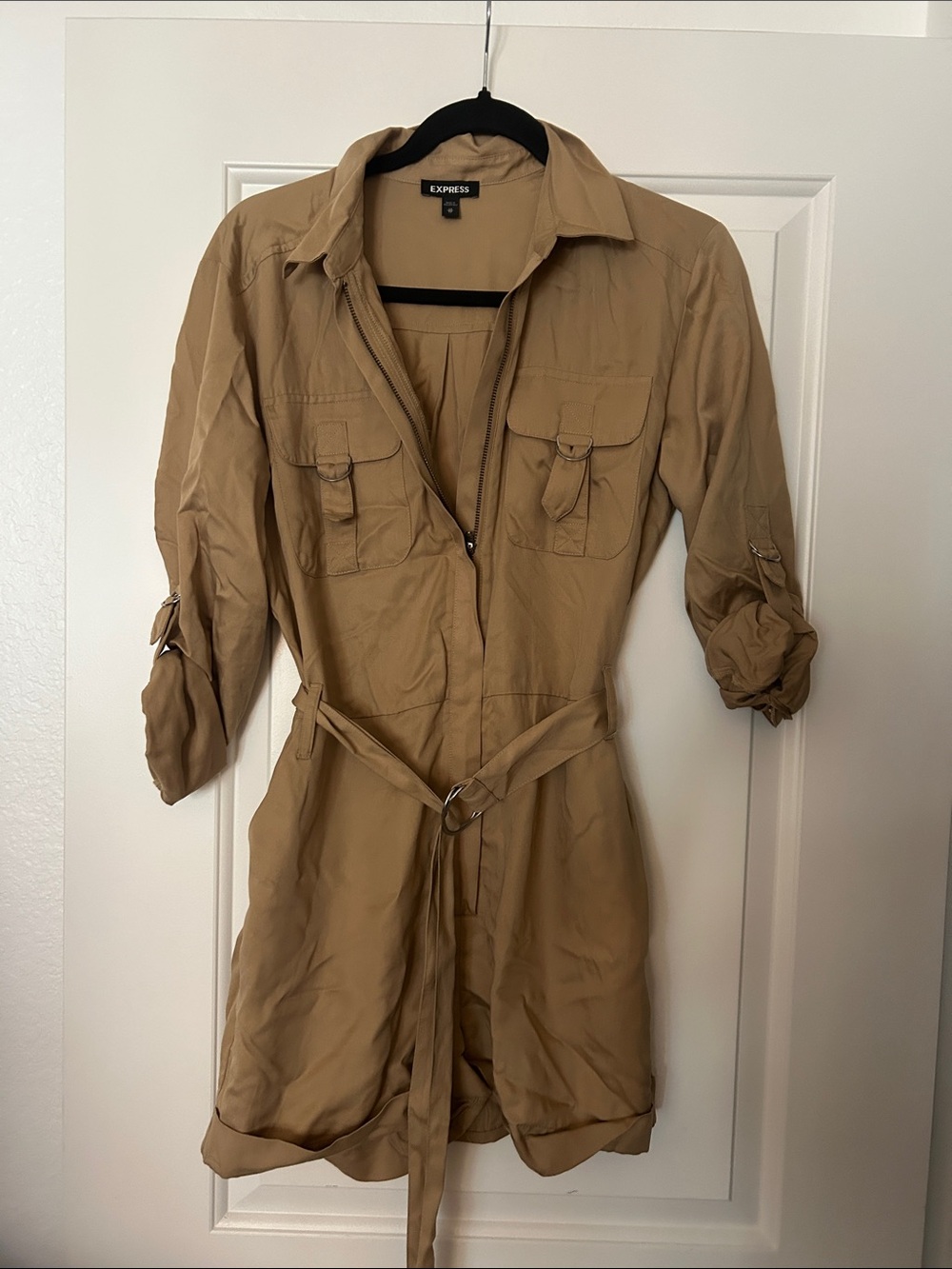 Express Women's Khaki Utility Jumpsuit Jacket with Tie Waist